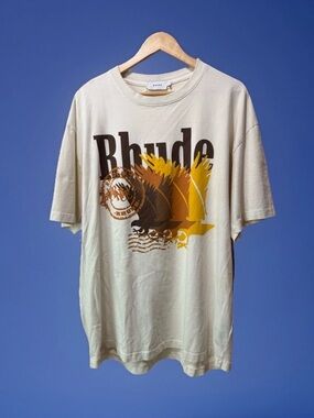Rhude Cream Short Sleeve Graphic Tee with Brown & Yellow Print